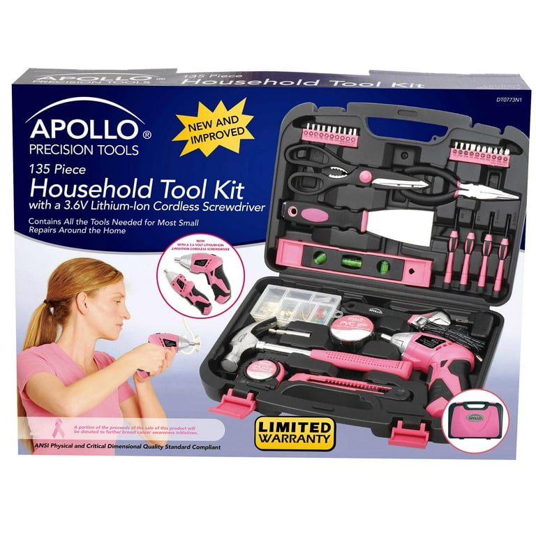 Apollo Tools 135-Piece Home Repair Kit, Pink, Includes 3.6v