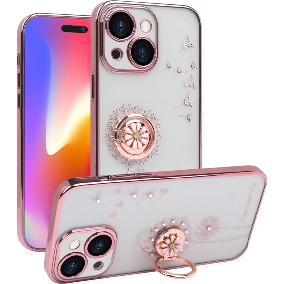 Compatible with iPhone 14 Plus Case with Ring Stand Holder&Kickstand Phone Cover Flash Diamond Dandelion Case Soft TPU Anti-Yellowing Shockproof Protective Bumpers for Women Girls Rose Gold