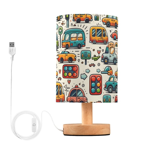 Bedside Desk Lamp LED Bulb Night Light USB Power Fabric Lampshade Table Lamps Cartoon Cars Indicator Roadsign