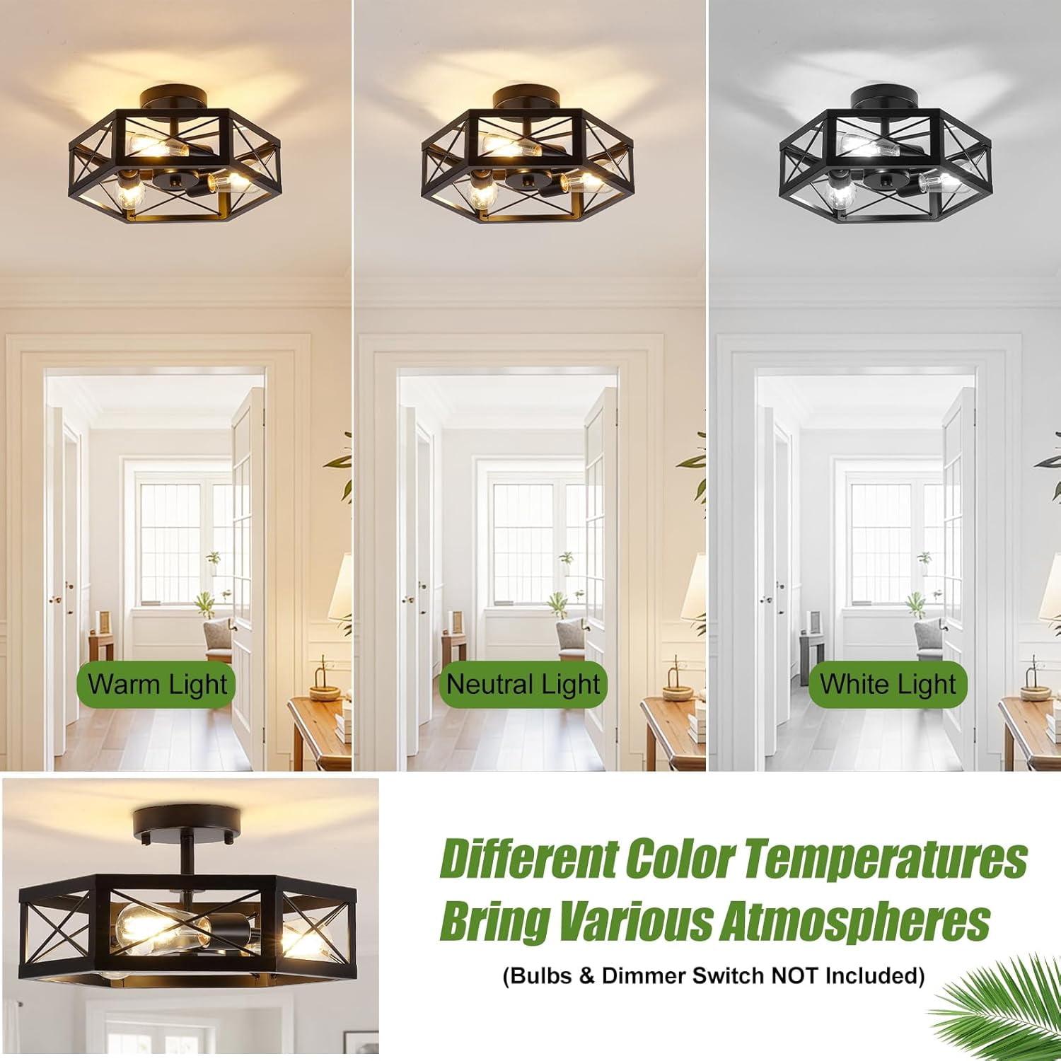 3-Light Kitchen Light Fixtures Ceiling Mount, Black Semi Flush Mount Ceiling Light for Dining Room Light Fixture, Farmhouse Close to Ceiling Lights with Metal Hexagon Cage for Bedroom Hallway