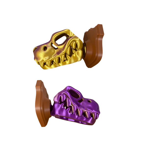 BuildInk™ 3D Printed T-Rex Wall Mount – Articulated Dinosaur Skull Trophy – Unique Gold or Purple PLA – Decorative Wall Art