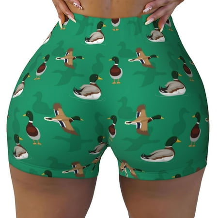 Workout Shorts Women  Duck Mallard Flying Pose Biker Shorts for Women Running Gym Spandex Shorts Tummy Control
