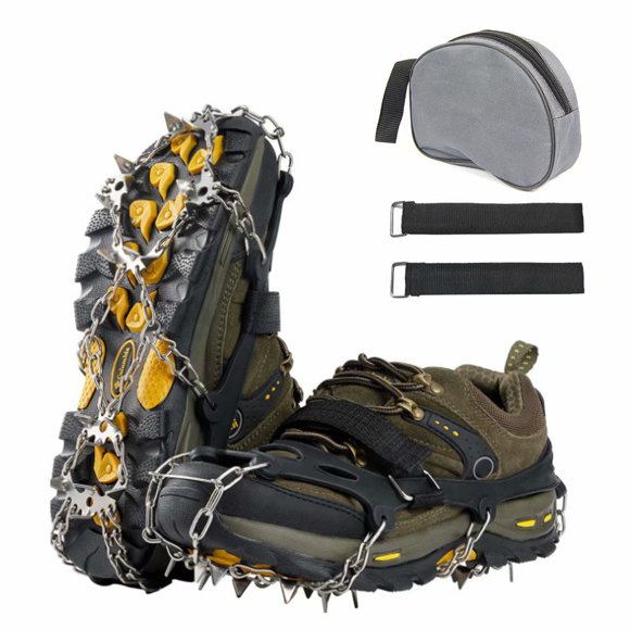 Crampons Traction Cleats 19 Spikes Stainless Steel Anti-Slip Grips Ice Snow Shoes Boots Walking Climbing Fishing Hiking Winter(L)