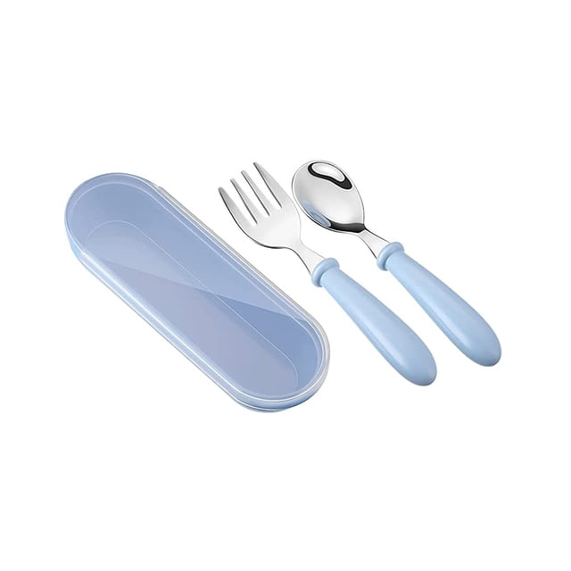 Comida para bebés Comedor Cuchara Tenedor Entrenamiento reutilizable Vajilla de alimentación para niños pequeños Juego de utensilios para comer en el hogar de la escuela con estuche de transporte Azul seitruly BA000330-02