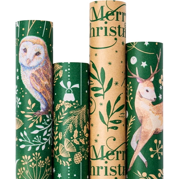 Christmas Kraft Wrapping Paper - Owl, Reindeer, Christmas Ball and Text Design - 4 Rolls - 17 inches x 10 feet per Roll