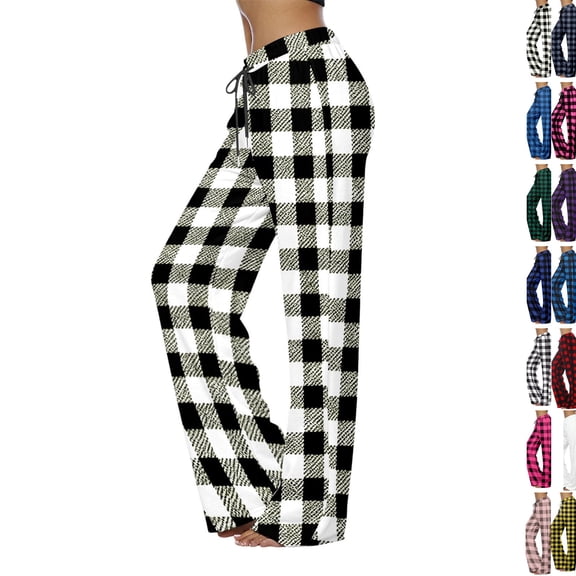 Flannel Pajama Pants Women Soft Christmas Plaid Sleep Lounge Pj Bottoms Casual Drawstring Elastic High Waisted Pajama Pants Loose Wide Leg Sleepwear,Black,XL