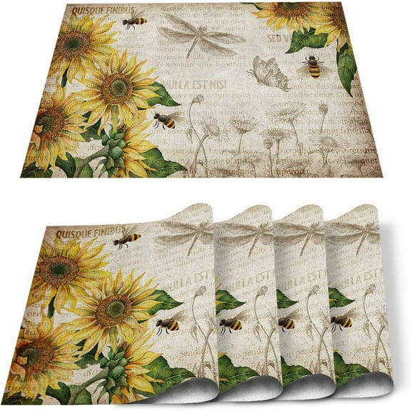 Vintage Sunflower Dragonfly Indoor Placemat Set Of 4, Non-Slip Placemats for Kitchen/Dining Table/BBQ/Patio/Parties, 12"x18" Washable Durable Cotton-Linen Table Mats, Farmhouse Animal Nature Leaves