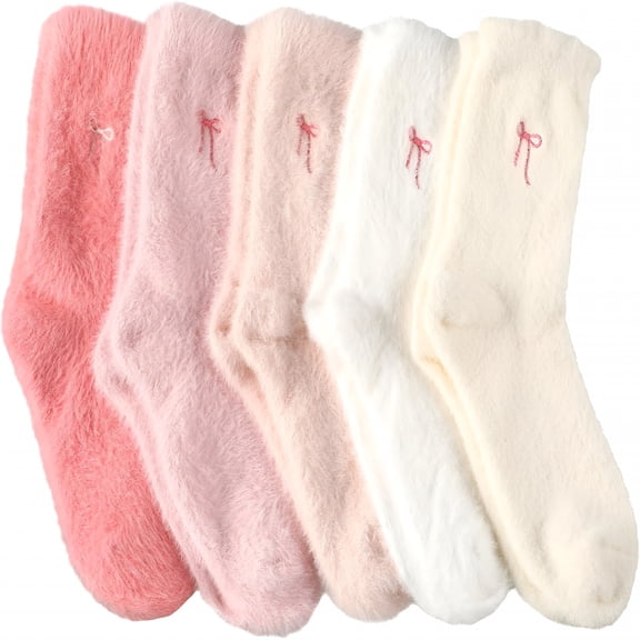 TELOLY 5 Pairs Women's Bow Fuzzy Socks Winter Soft Slipper Socks Coquette Stuff Fluffy Thick Spa Home Sleeping