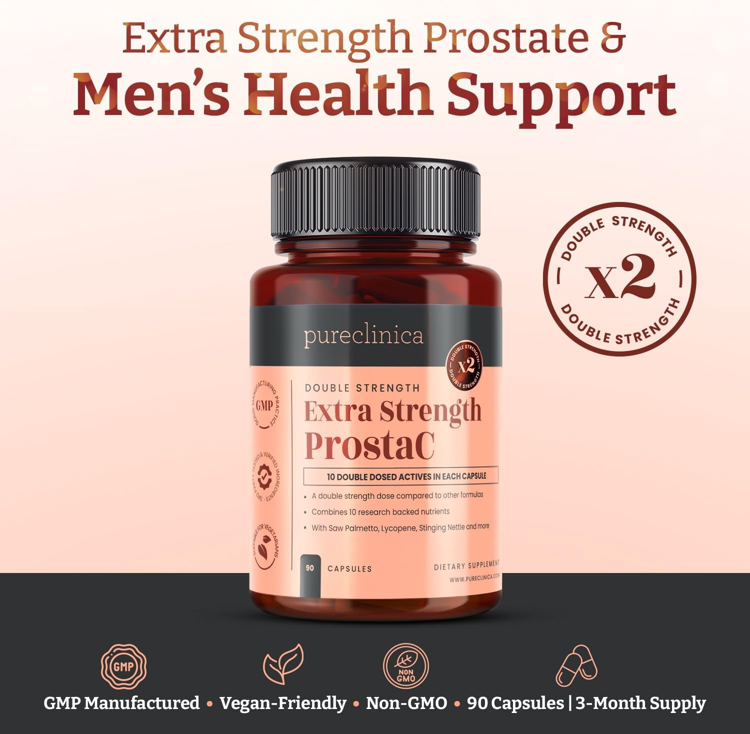 Pureclinica Extra Strength ProstaC, Premium Men’s Formula with Saw Palmetto, Beta-Sitosterol, Pygeum, Nettle, Lycopene, Zinc & Vitamin D3, 90 Capsules (3-Month Supply)
