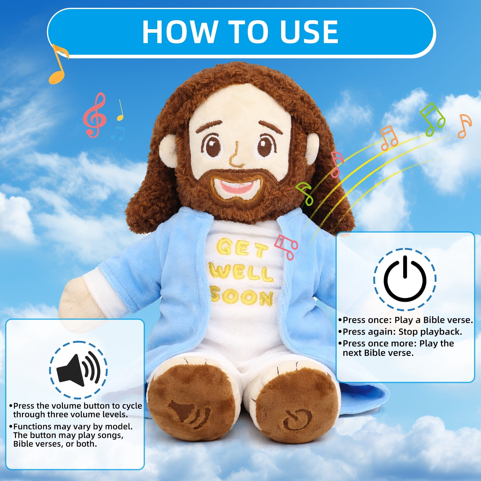 Talking & Singing Jesus Plush Doll, Christian Stuffed Toy For Kids, Plays Bible Verses Religious Gift For Christening, Baptism, Easter, Sunday School, Decor