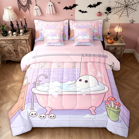 Feelyou Kawaii Ghost Mushroom Twin Bedding, Sugar Gothic Halloween Bedding Comforter Set, Pink Lavender, Pink Reversible, 7pcs