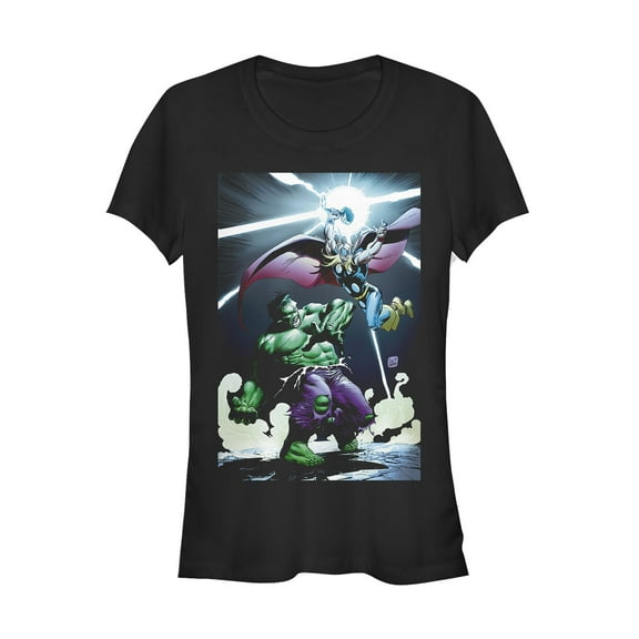 Junior's Marvel Hulk Battles Thor Scene Graphic Tee Black Large