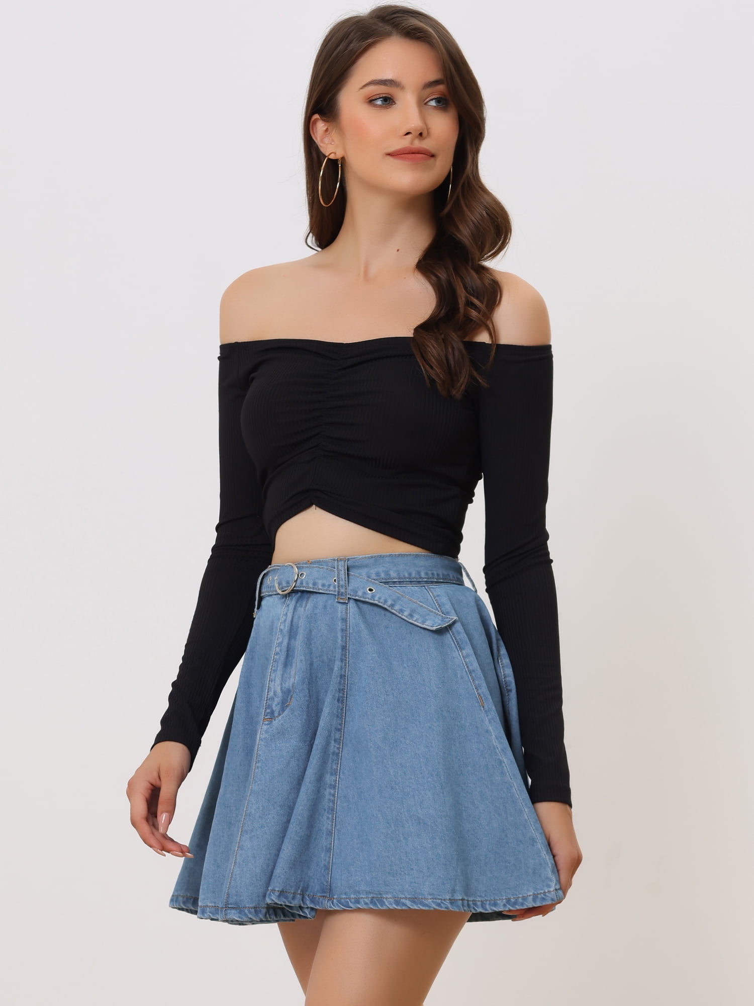 DARING DIVA Women's Denim Skirt A-Line Flared Mini Jean Skirt S Light Blue