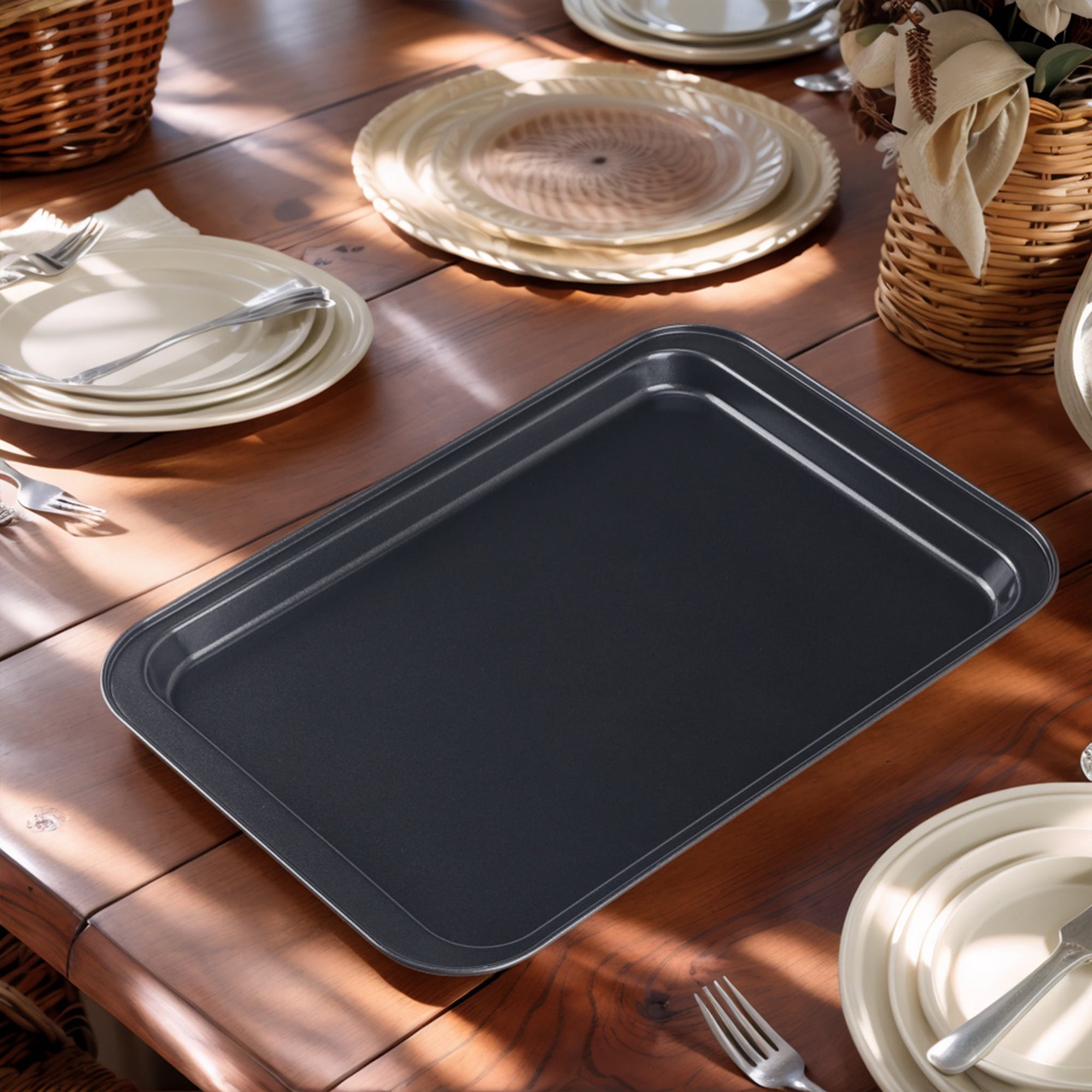 Unique Bargains 2 Pcs Baking Pan Rectangular Cookie Sheets Black 14.8*10*1.0in