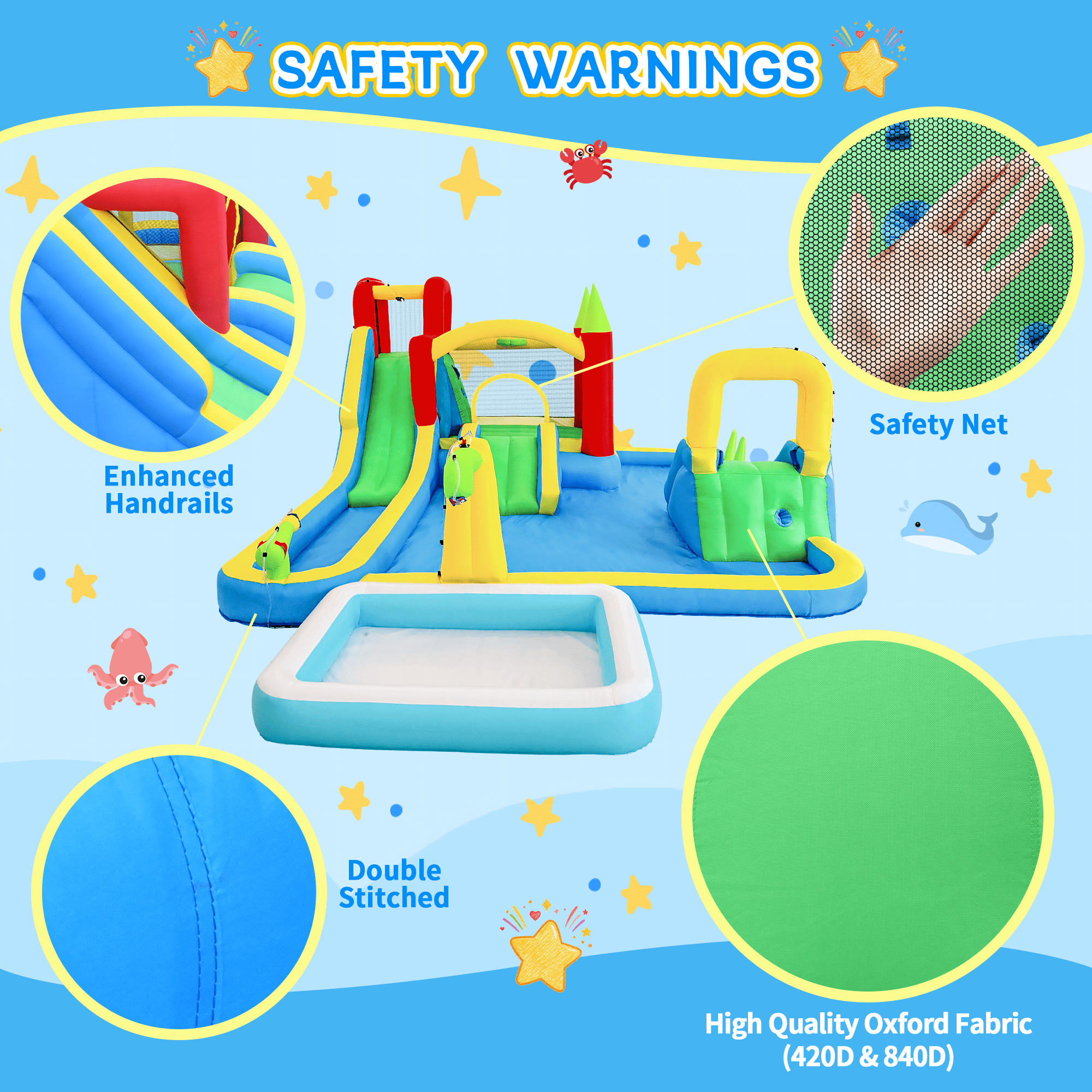 11-in-1 Inflatable Water Park Bounce Castle, Wet & Dry Slide with Pool, Water Gun, Trampoline, Climbing Wall, Basketball Hoop & Ring Toss, Indoor Outdoor Kids Play for Backyard Party