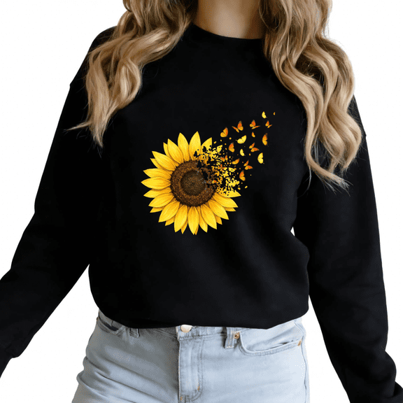 Black Print Sweatshirt Graphic Sweatshirt Sunflower Butterfly Spring Outdoor Casual Comfort Wear S-3XL Tops