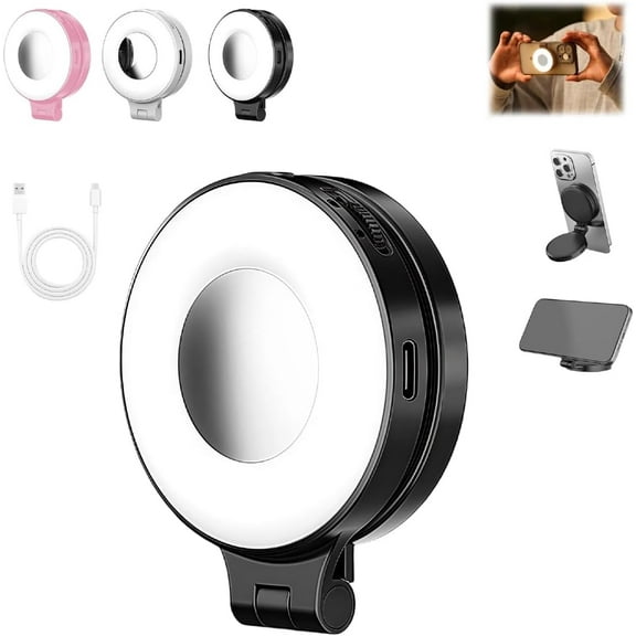 Quantifty 3-in-1 Magnetic Beauty Selfie Light for Phones, Portable Magnetic Selfie Light with Mirror, 360° Foldable Ring Light, Three Soft Color Temperatures, for Photography Recording