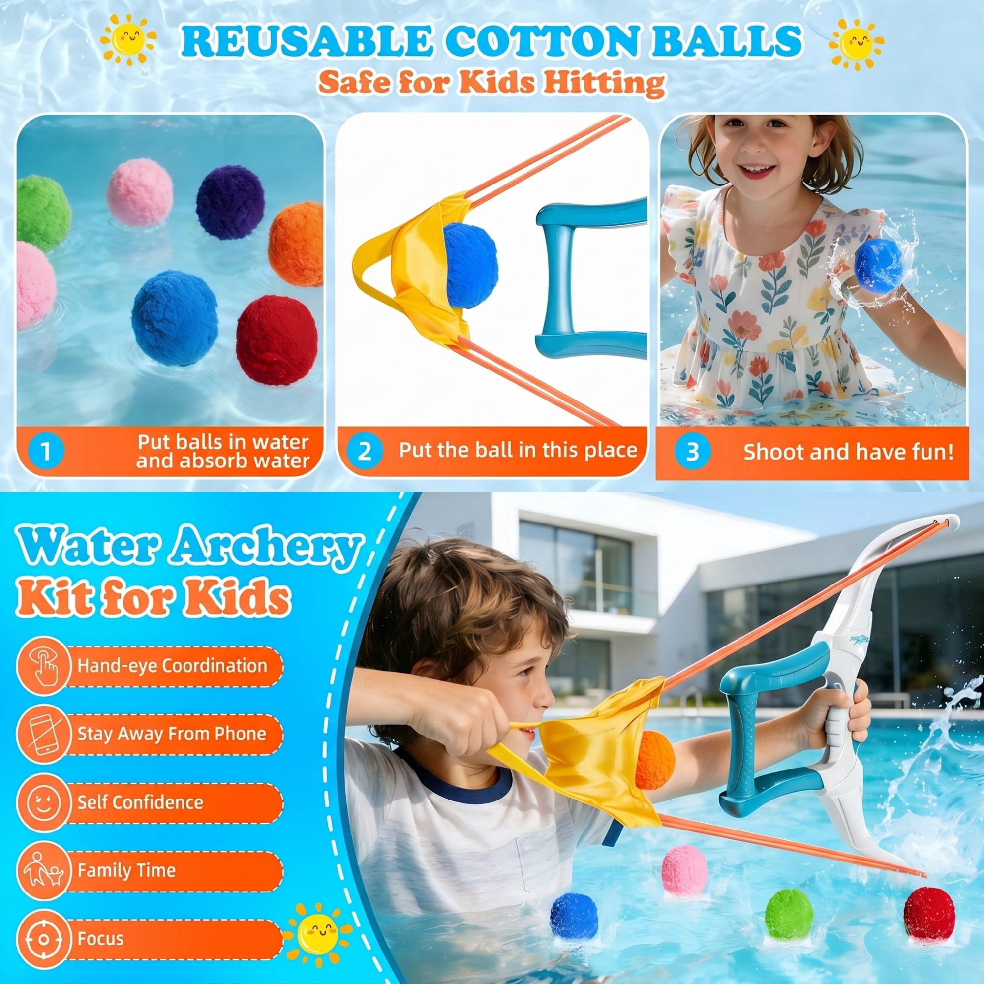 CQHVKQ Water Balloon Bow & Arrow Launcher, 12PCS Reusable Water Balloons with Water Archery Kit for Kids, Pool Beach Water Game Toys for Boys and Girls, Outdoor Summer Toys for Kids Ages 3-12, White