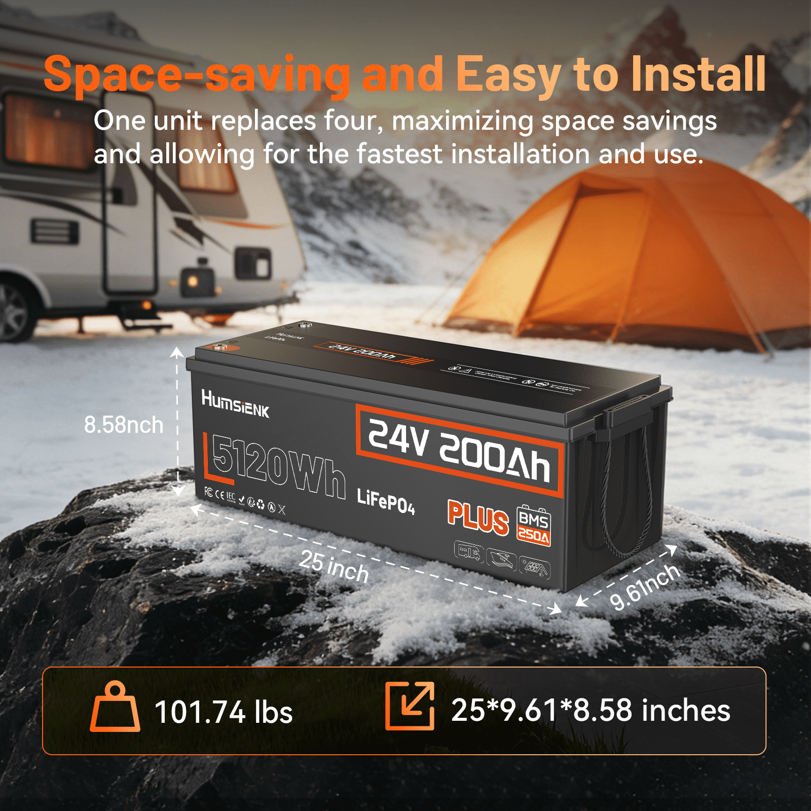 HumsiENK 24V 200Ah LiFePO4 Lithium Battery, Built-in 250A BMS, Max. 5120Wh Energy Deep Cycle Battery,Up to 15000+ Deep Cycles, Perfect for Solar Home System, RV, Camper, Off-Grid