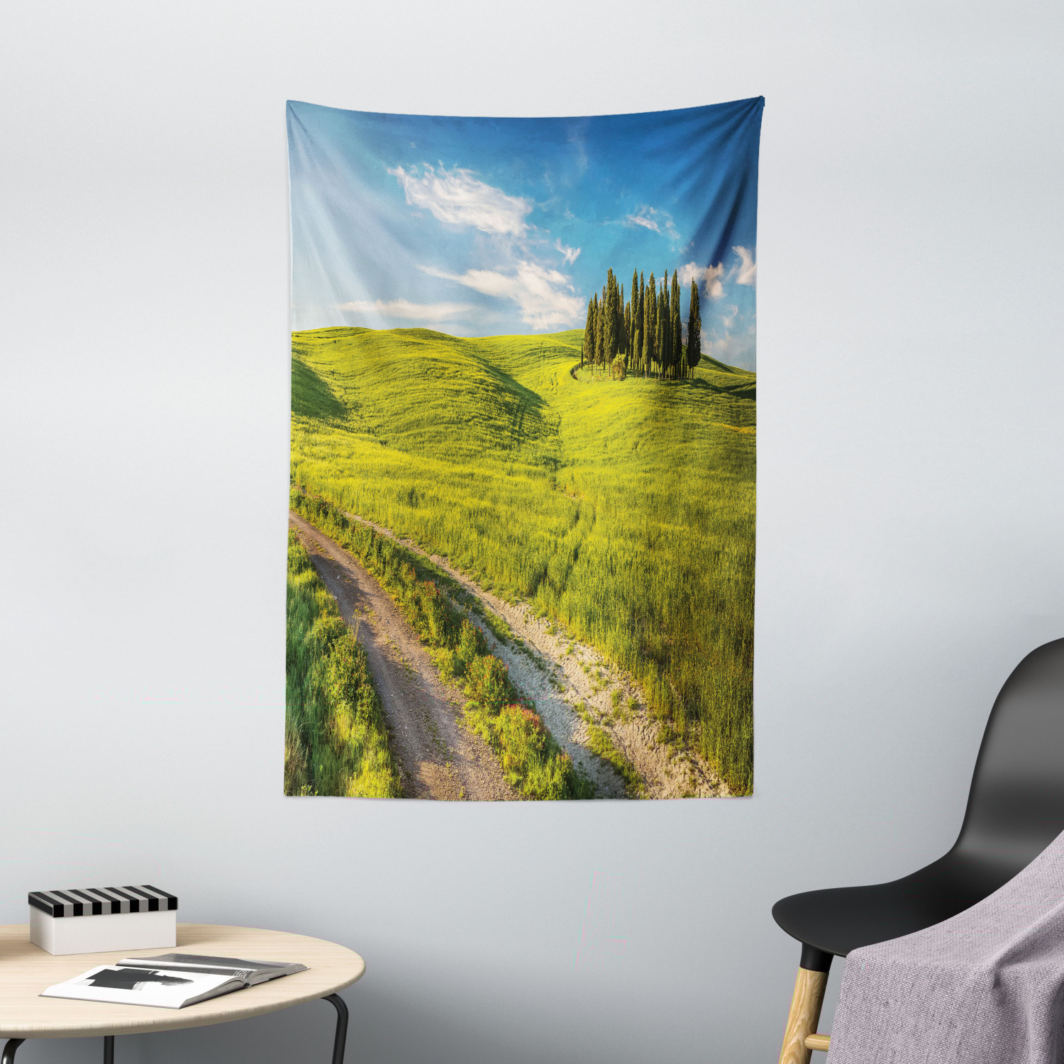 Tuscany Tapestry, Tuscany Italy Getaway Dreamland Cultivated Land Wildflowers Springtime, Wall Hanging for Bedroom Living Room Dorm Decor, 40W X 60L Inches, Sky Blue Fern Green, by Ambesonne