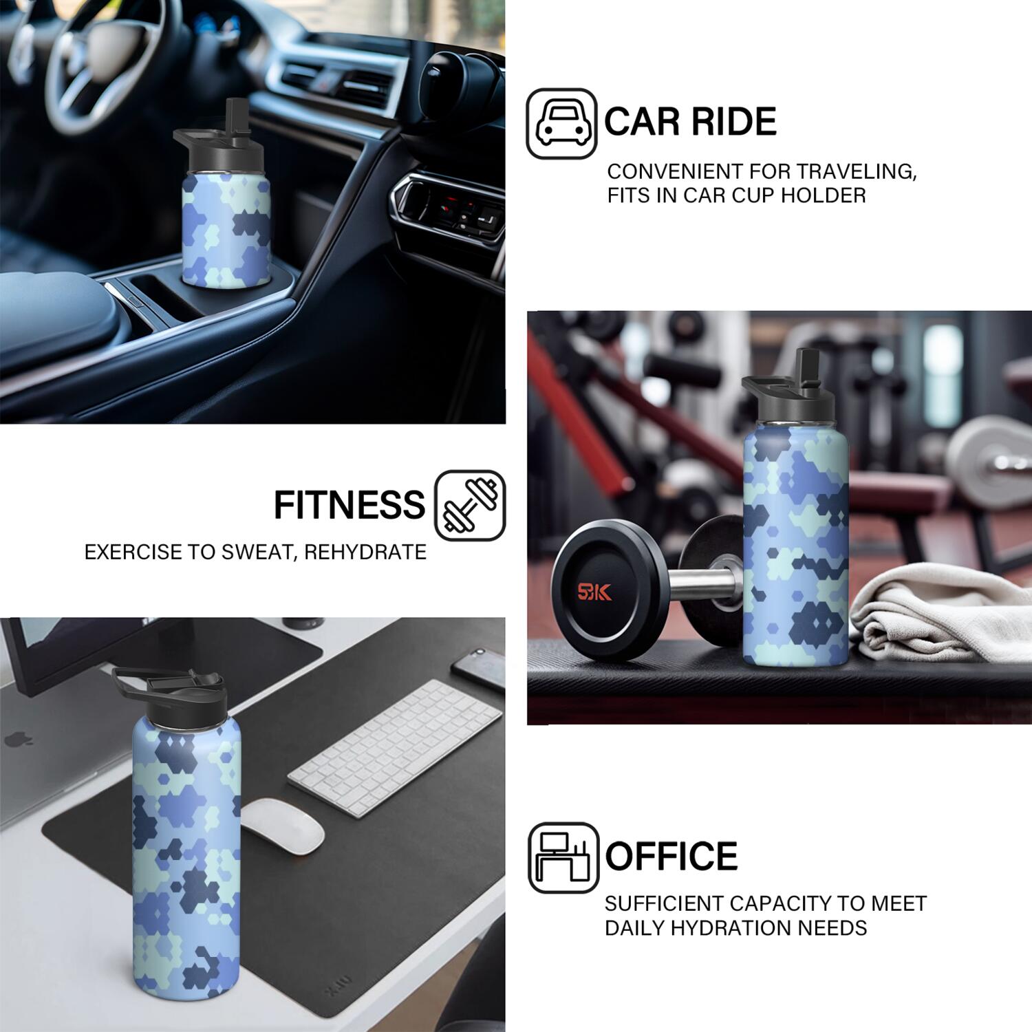 Camouflage Insulated Stainless Steel Water Bottle with Straw & Cleaning Brush – 18 Oz | Leakproof, BPA-Free, 304 Stainless Steel, Wide Mouth, Travel Mug for Car, Gym, Office