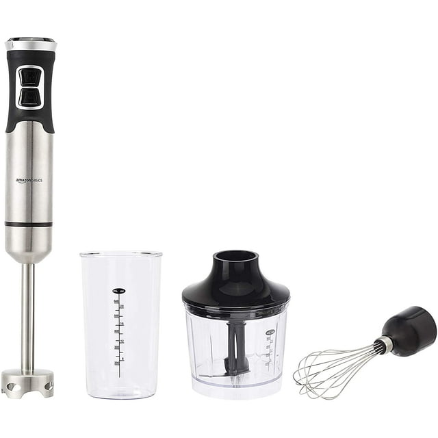 Basics - Licuadora de inmersión 4 en 1 de 500 W, de mano, con barra de mezcla, batidor, picador y vaso vertedor, control de velocidad continuo y modo turbo, cable de 1.5 m, plateado