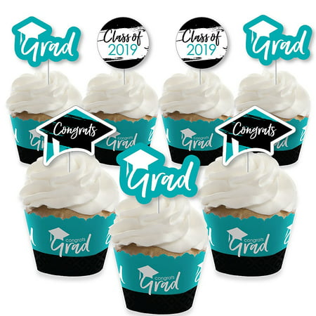Teal Grad - Best is Yet to Come - Cupcake Decoration - 2019 Turquoise Graduation Party Cupcake Wrappers and Treat Picks Kit - Set of