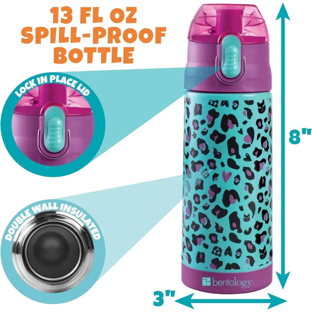 Bentology Kids Lunch Bag Set - Cheetah - w Reusable Hard Paw Print Ice Pack & Insulated Water Bottle - Hot or Cold Food for Hours - Perfect Lunch Box Kit for Boys & Girls