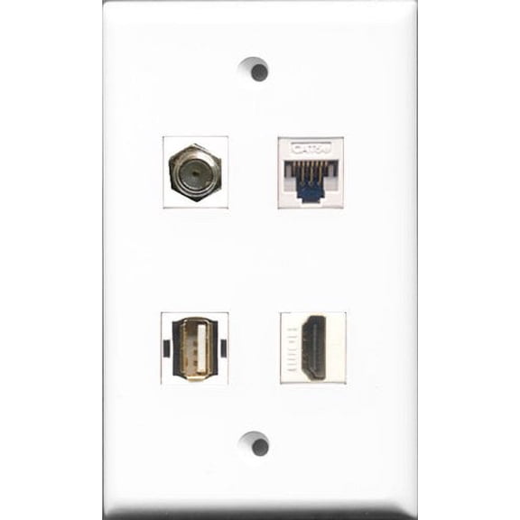 RiteAV 1 Port HDMI and 1 Port Coax Cable TV- F-Type and 1 Port USB A-A and 1 Port Cat5e Ethernet White Wall Plate