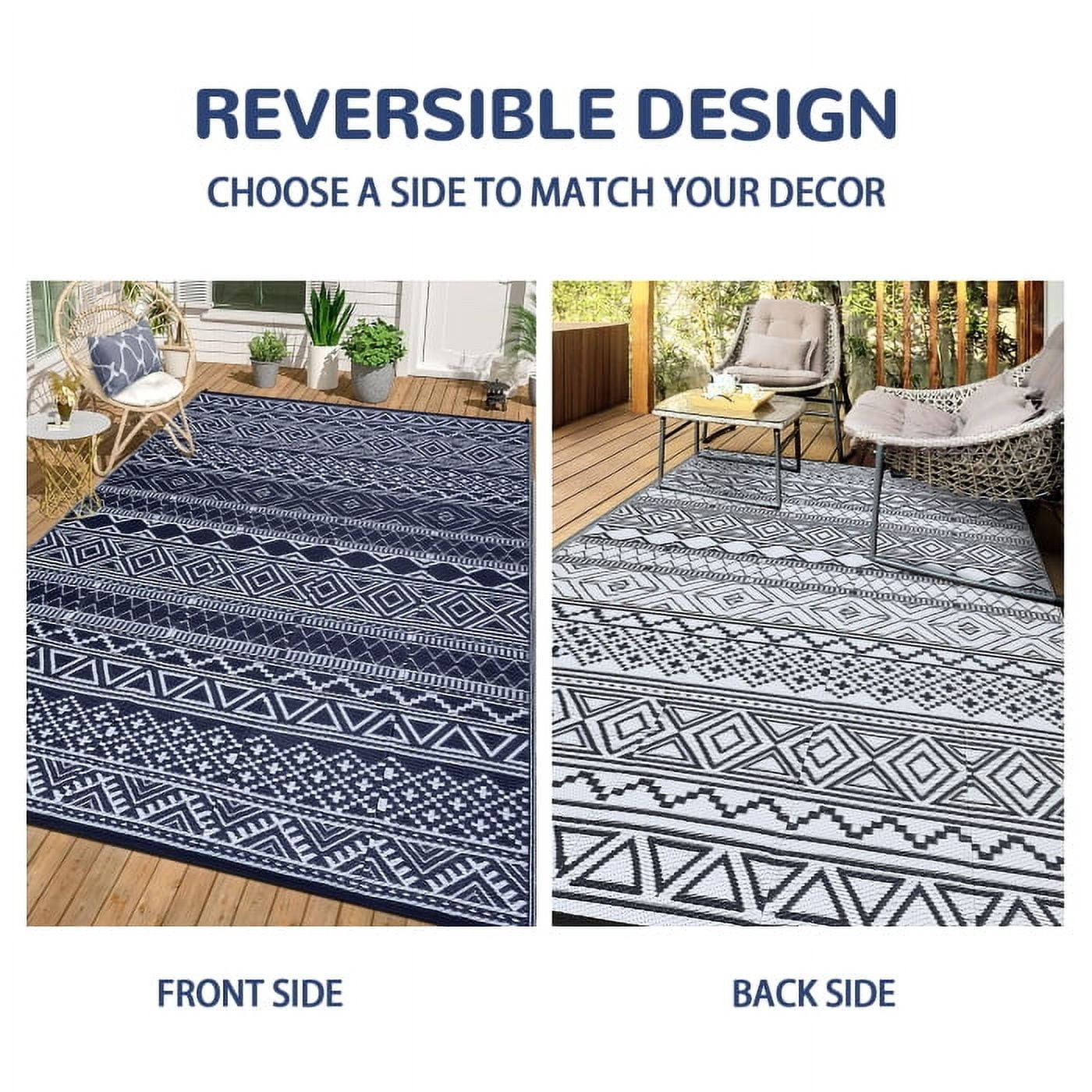 GlowSol 9' x 12' Outdoor Rug Plastic Patio Rug Woven Plastic Straw Waterproof Rug Boho Reversible Camper Rug for RV Backyard Deck Picnic Beach, Black Blue