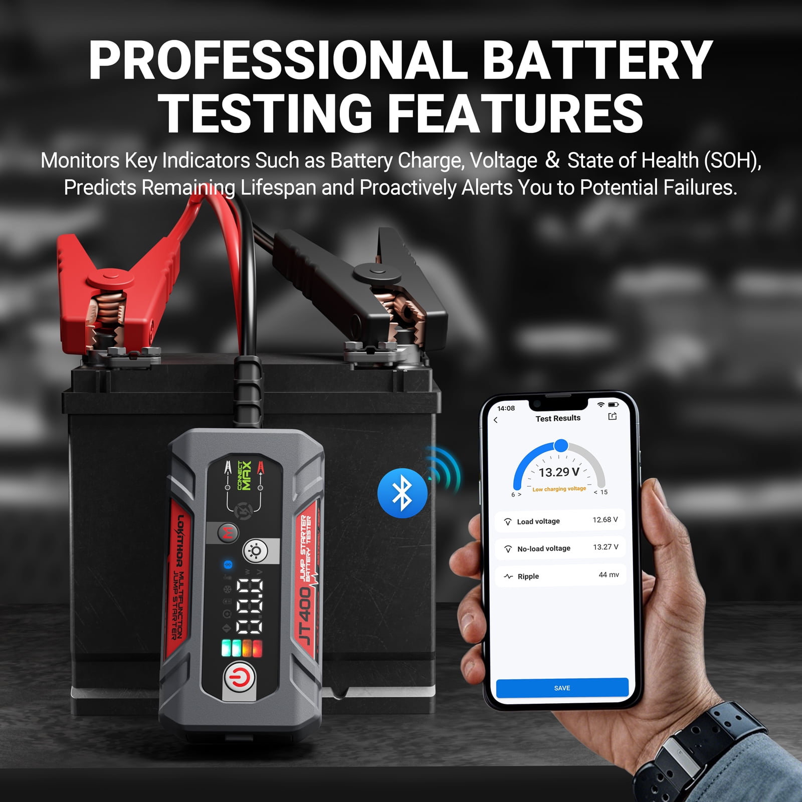 LOKITHOR JT400 Jump Starter and Battery Tester 2-in-1,2500A 12V Portable Battery Jump Starter，100-2000 CCA Load Capacity Automotive Load Tester(8.5LGas/6.5LDiesel）Engines