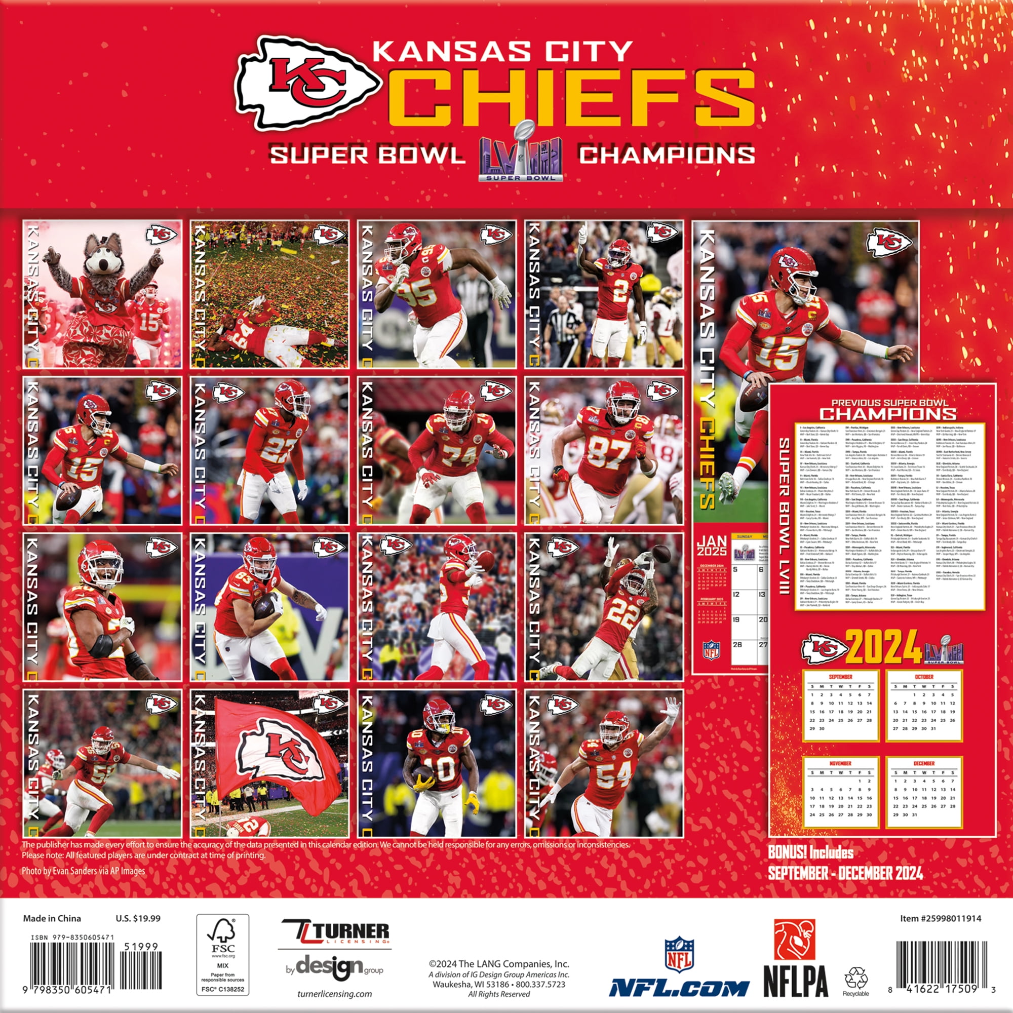 2025 12X12 TEAM WALL CALENDAR, KANSAS CITY CHIEFS