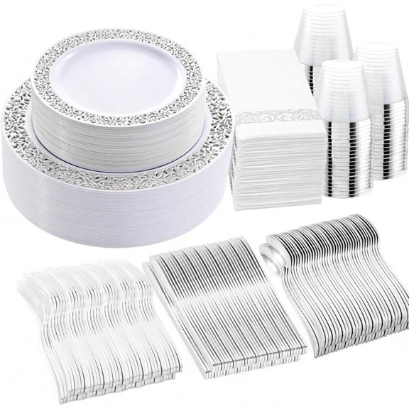 350pcs Silver Party Dinnerware Set For 50 Guests Silver Wedding Plates Disposable Heavy Duty Including :50 Dinner Plates 50 Dessert Plates 50 Cups 50 Napkins 50 Sliver Silverware Set