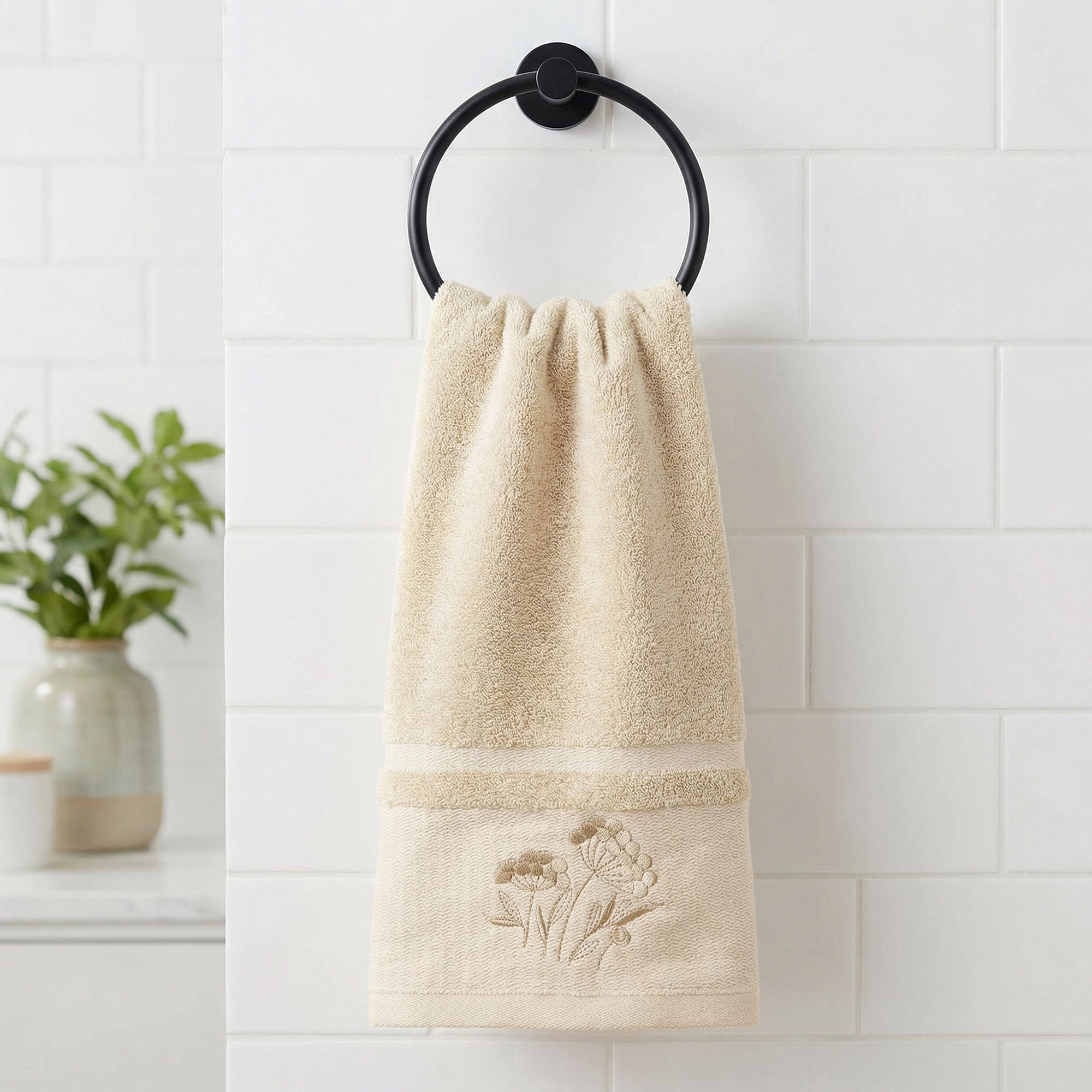 Unique Bargains Floral Embroidered Soft Hand Towel Set Light Brown 4pk