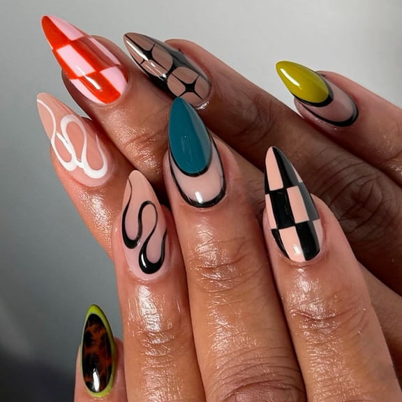 Cross-border hot-selling almond-shaped fake nails, classic fashion, striped line design, wearing armor, detachable finished product wholesale