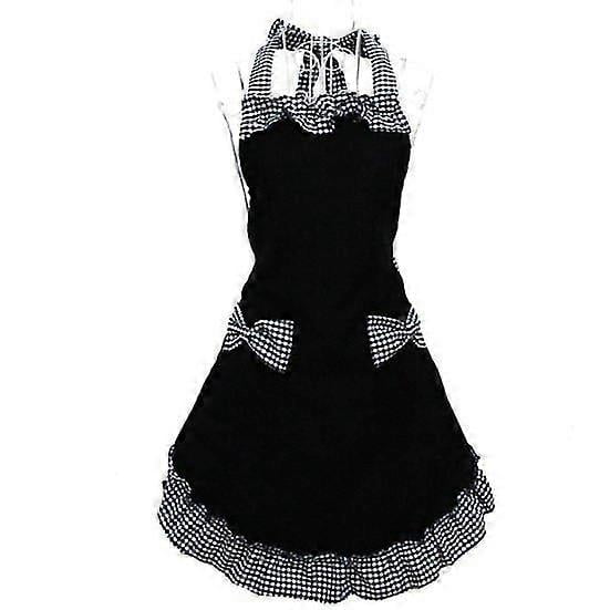 Women Cute Bowknot Decor Pocket Apron Plaid Print Splicing Adjustable Lace-up Kitchen Flirty Apron Mother Day Gift