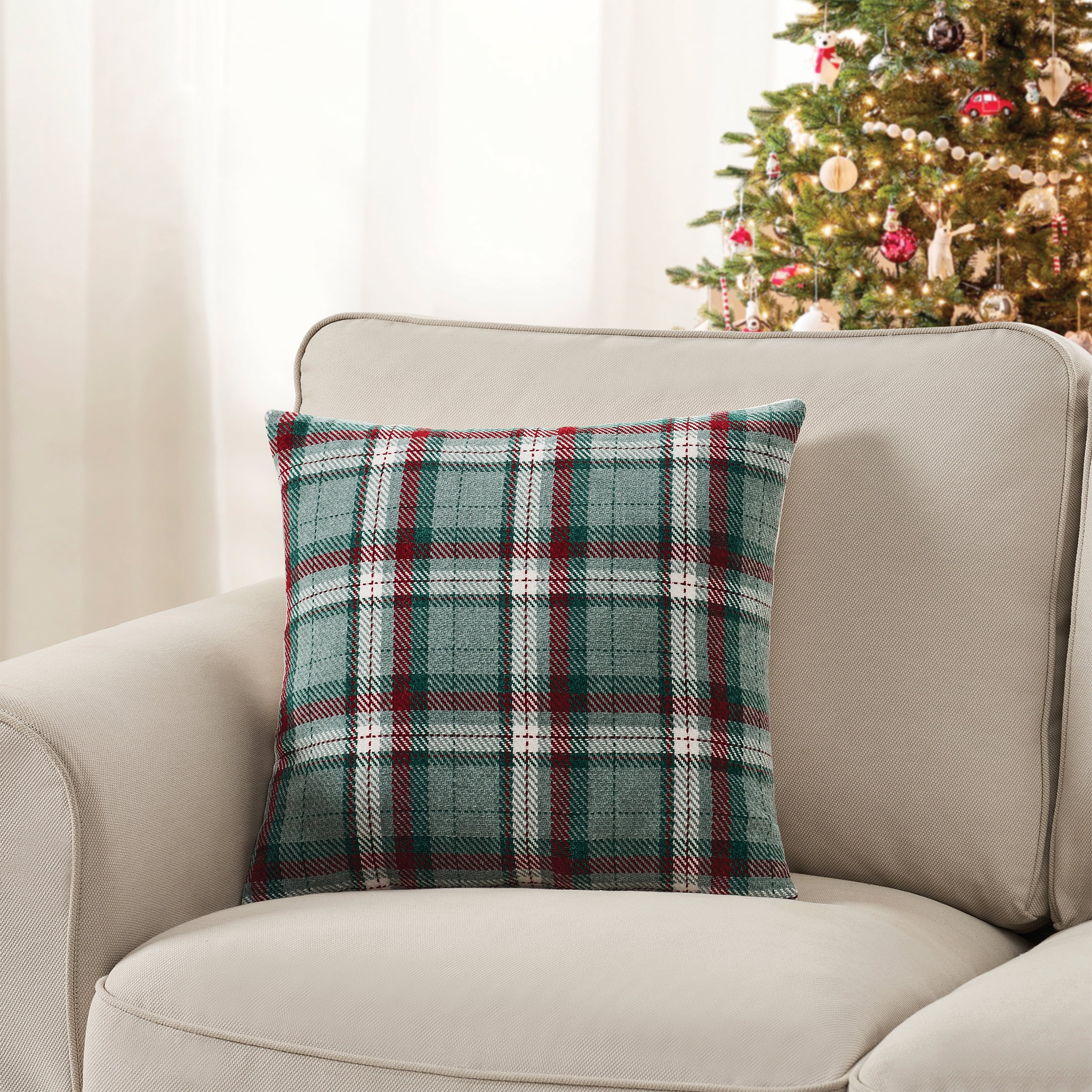 Holiday Time 18" x 18" Green Holiday Plaid Decorative Pillow