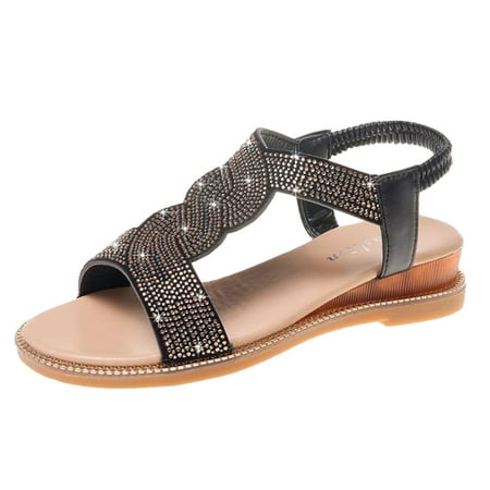 

Larisalt Beach Sandals For Women Women s Ankle Strappy Gladiator Sandals Beach Bohemia Thong Flat Sandal Shoes Black