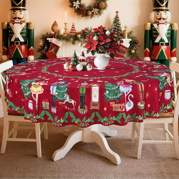 Christmas Nutcracker Tablecloth Waterproof, Xmas Red Table Cloth Rectangle, Washable Table Cover for Christmas Party Home Kitchen Decoration (61 Inch, Round)