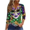 thumbnail image 3 of Cadancy Mardi Gras Shirts for Women 3/4 Sleeve Button V Neck Tunic Pullover Tops Glitter Holiday Rave Party Trendy Blouse Casual Loose Carnival Outfits, 3 of 6