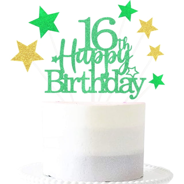 Cake Topper Pargleev para 16.º cumpleaños en verde y dorado con brillo