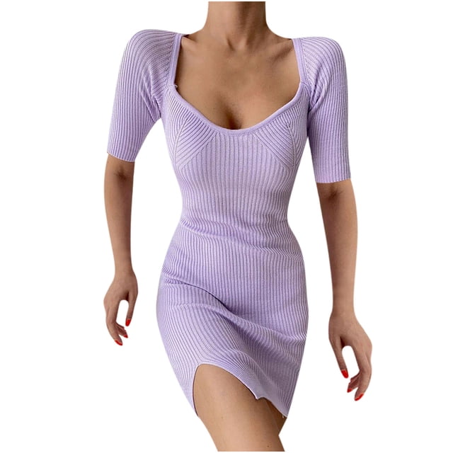 Bigersell Robes d'Été pour Femmes 2023 Mode Plage Femmes Été Uni Patchwork Amincissant Manches Courtes Robe Mini Dos Nu Robe Grande Taille pour Femmes Robe de Bal, Style 19207, Violet P