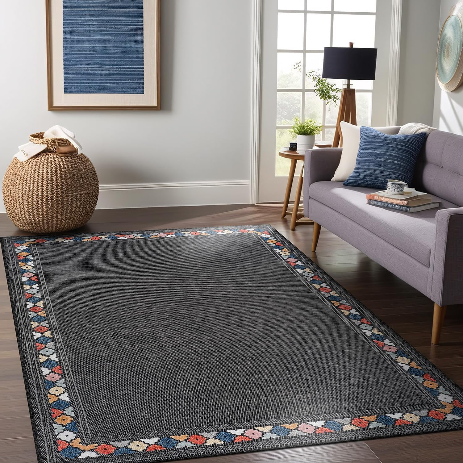 Beverly Rug Outdoor / Indoor Area Rugs Patio Porch Garden Carpet Bordered / Dark Gray 4x6