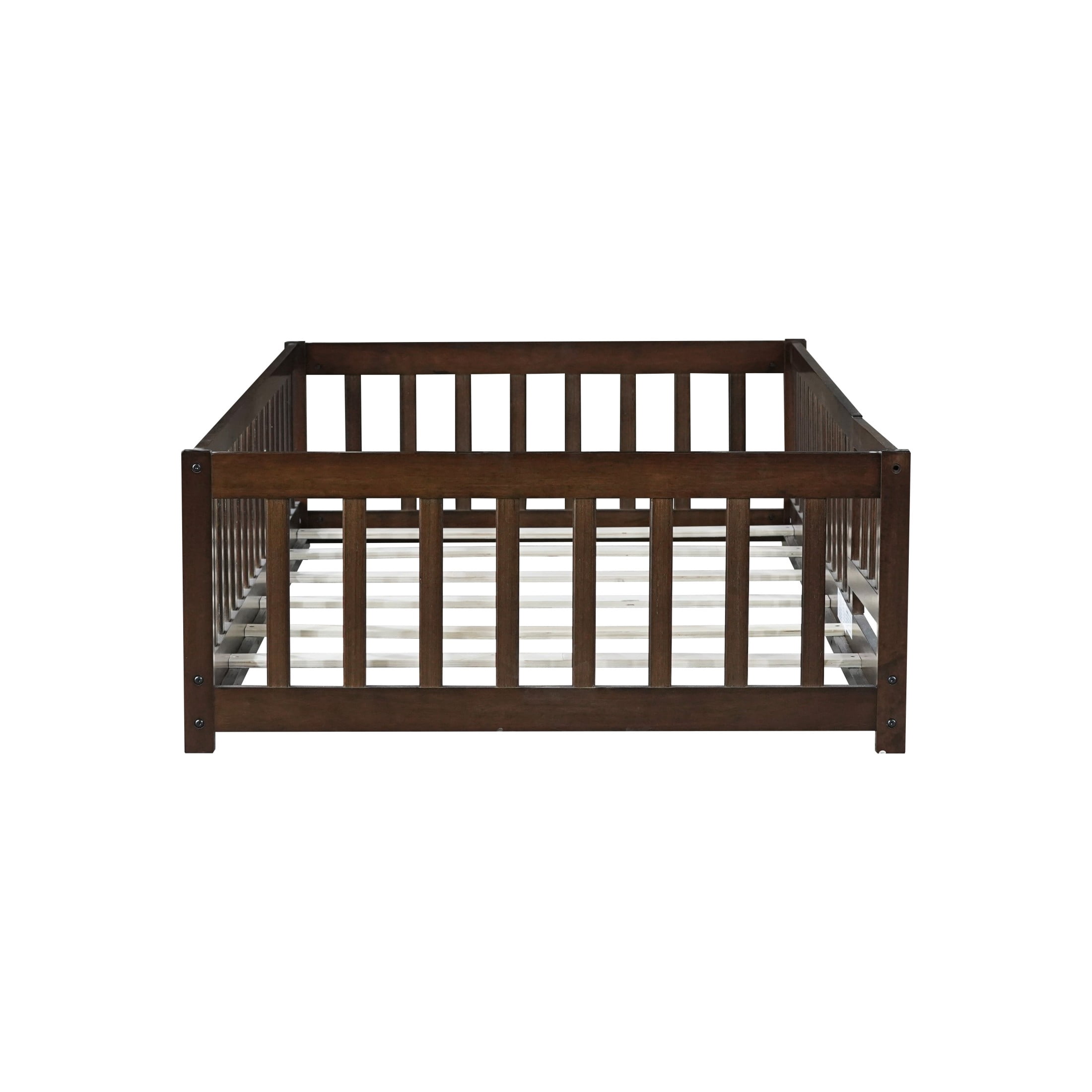 Noble House Mira Twin Floor Bed with Fence and Door, Sturdy Rubber Wood Montessori Bed Frame, Kid's Room, Espresso