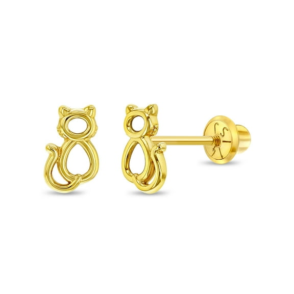 14k Yellow Gold Little Kitten Screw Back Earrings for Toddlers to Little Girls