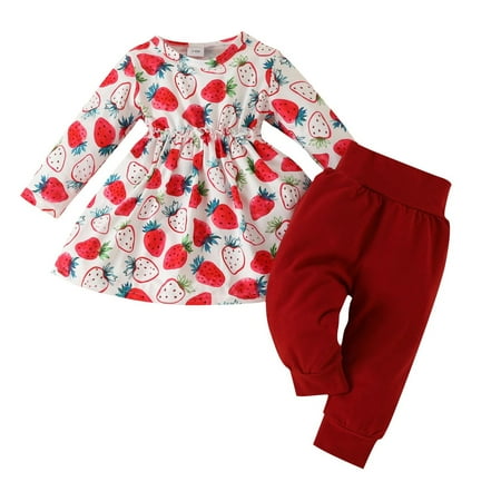 

Toddler Baby Kids Girls Autumn Spring Clothes Round Neck Floral Long Sleeve Shirt Ruffle Tops Solid Color Thickened Warm Trousers Pants Casual Two Piece Suit