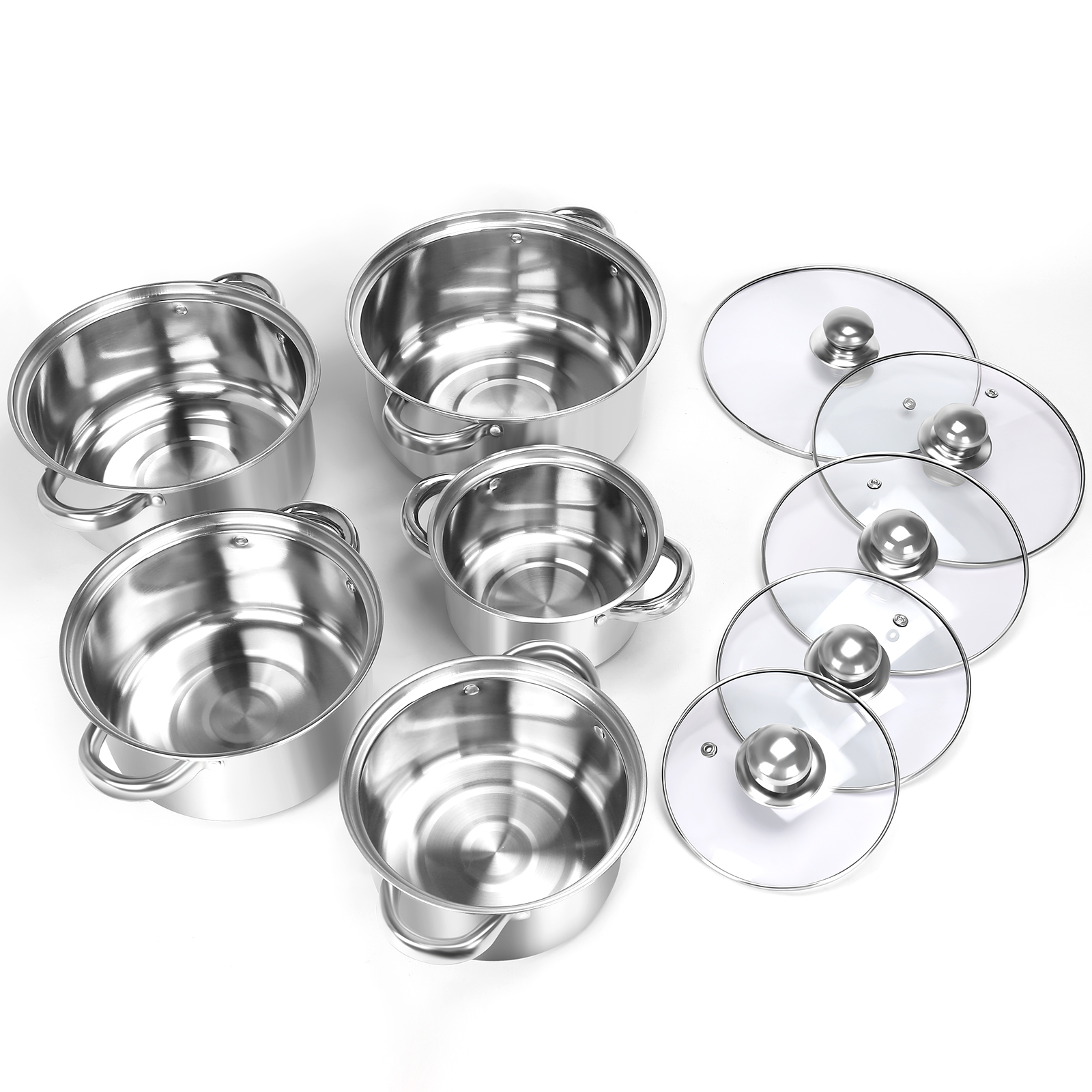 SSAWcasa Cookware Set, Stainless Steel Soup Pots with Glass Lids, Pasta Pot Stock Pot Cooking Pot for All Stoves, Dishwasher Safe - 10 Pieces Set, Silver