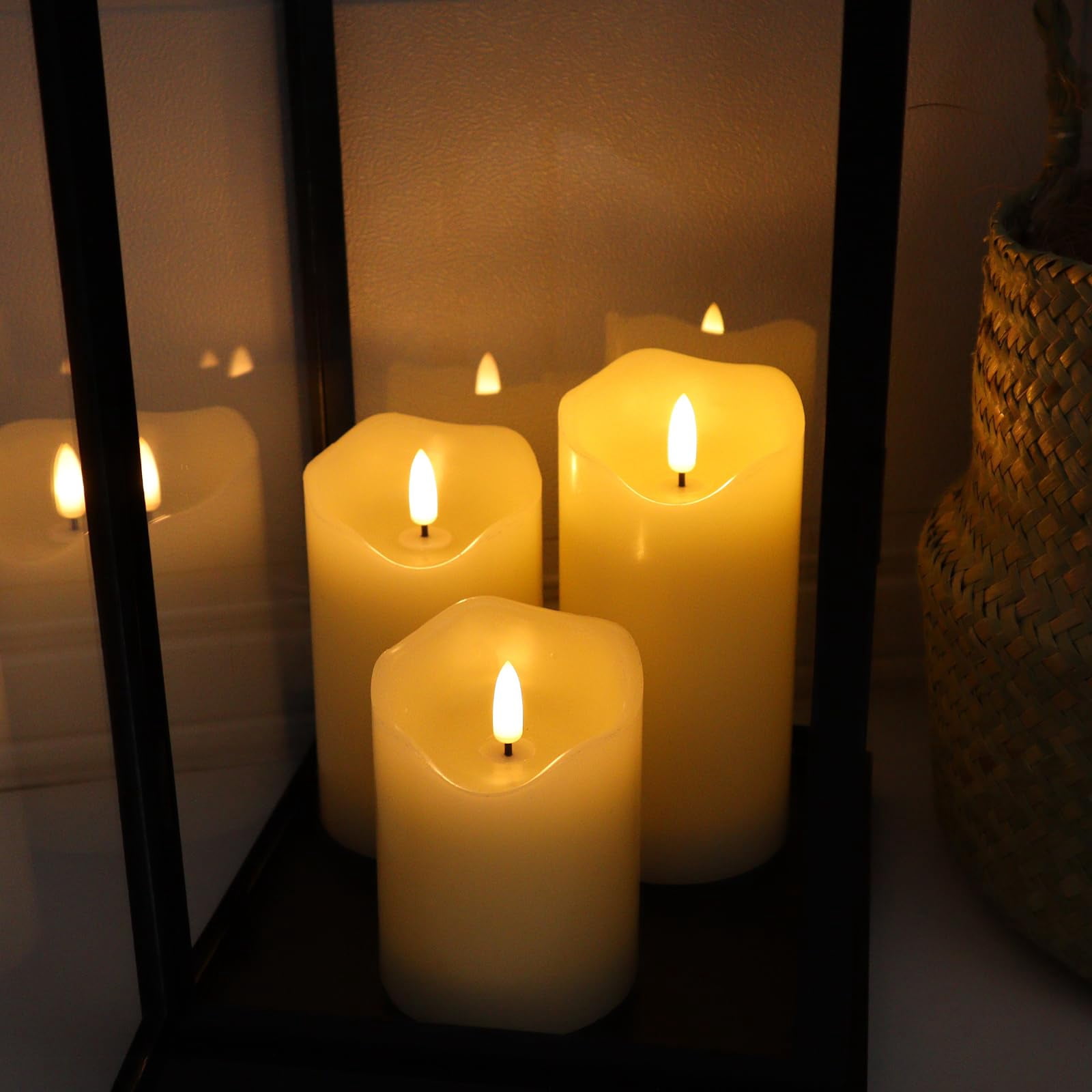 Flickering Flameless LED Candles, Realistic Fake Candles, Battery Operated, with Remote and Timer, Ivory Real Wax Pillar Candles Set of 3