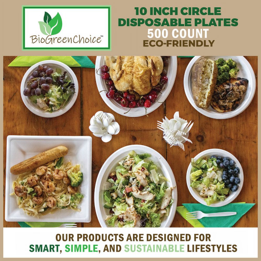BioGreenChoice Eco-Friendly White 10 in. PFAS-FREE Fiber/Bagasse Disposable Plates (500 count), Heavy Duty Paper Plates- Microwave safe (10 inch)