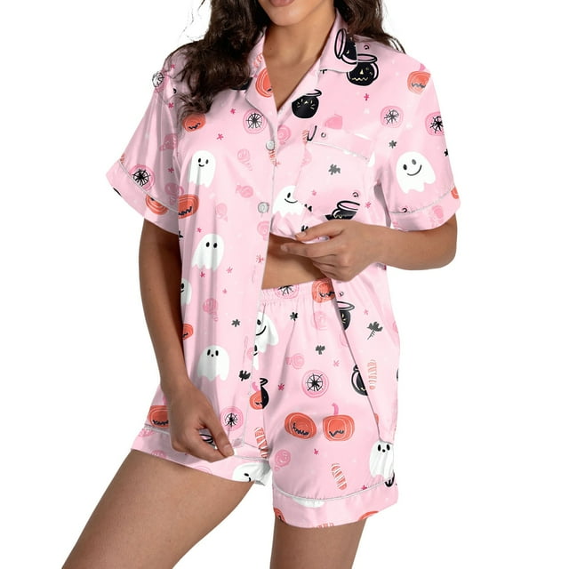 Comfortable Women Pajama Sets for Halloween Stylish Round Neck Design with Decorative Pattern Perfect for Fall and Winter Seasons Versatile for Casual Wear
